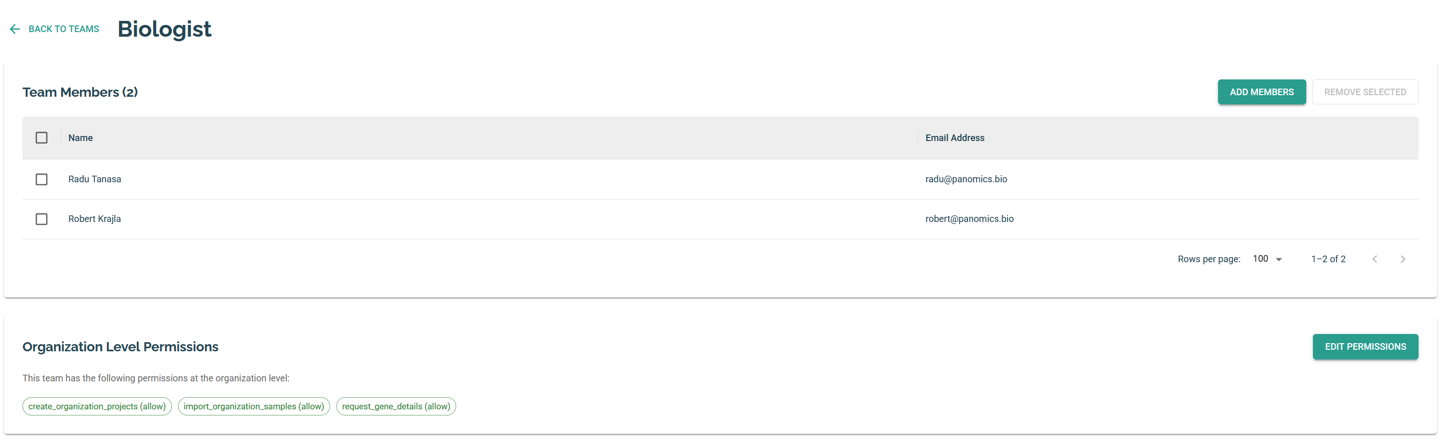 Team details page showing organization-level permissions section