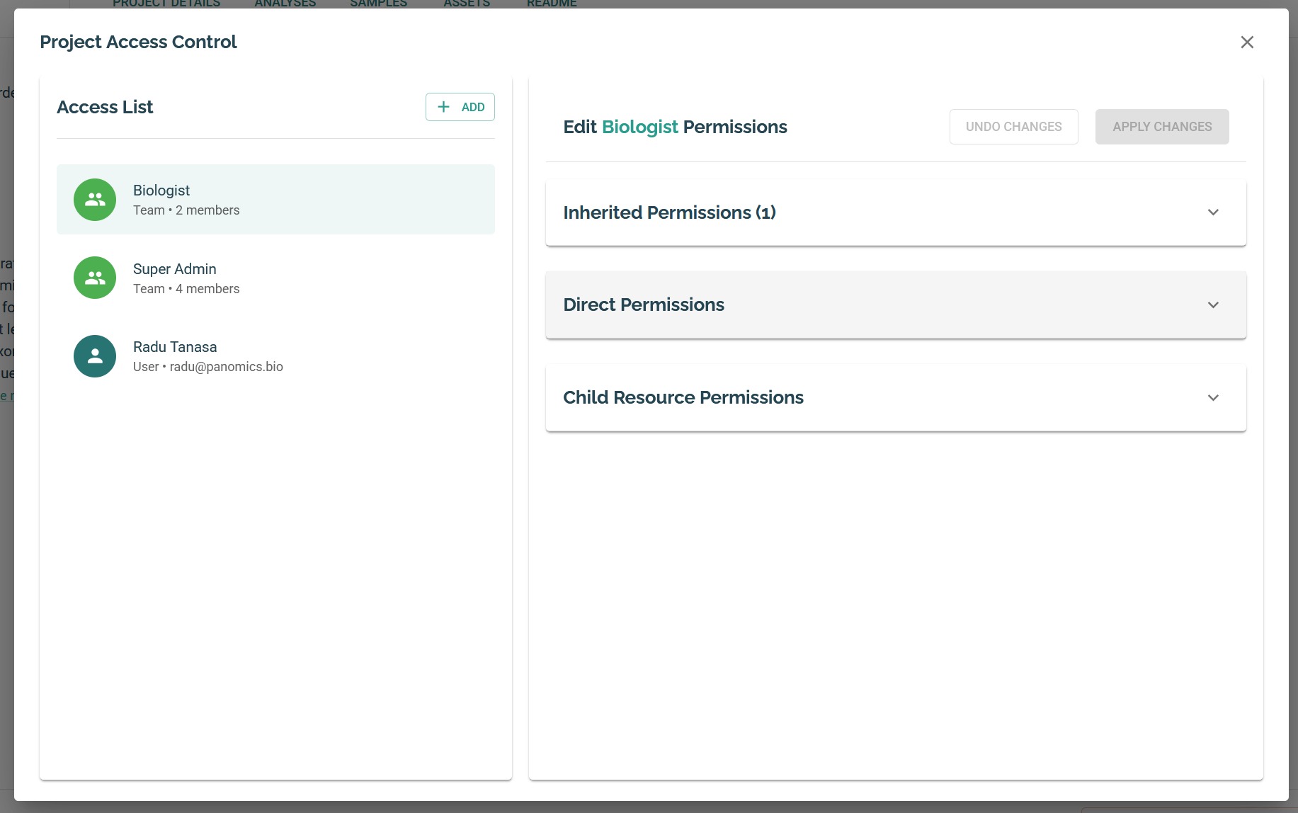 Resource Access Window showing the three permission sections: Inherited, Direct, and Child Resource Permissions